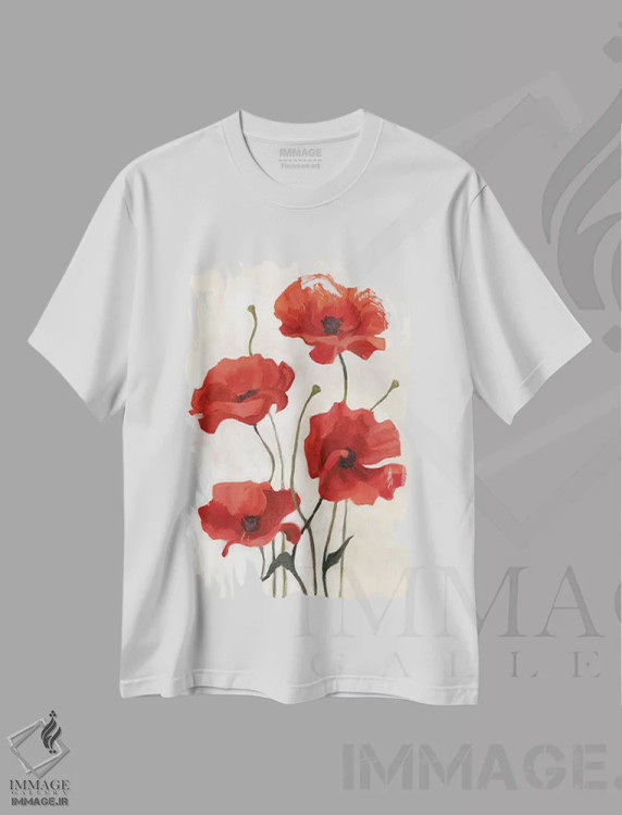 تیشرت سفید طرح دار دسته گل شقایق ۳، تزئینی اثر اما اسکاروی | فروشگاه ایماژ