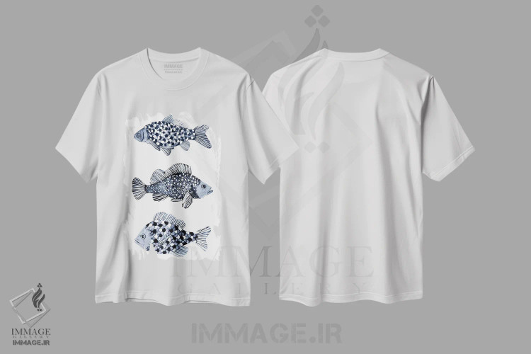 تیشرت سفید طرح دار ماهی آبی ۲، دکور ساحلی اثر اما اسکاروی | فروشگاه ایماژ