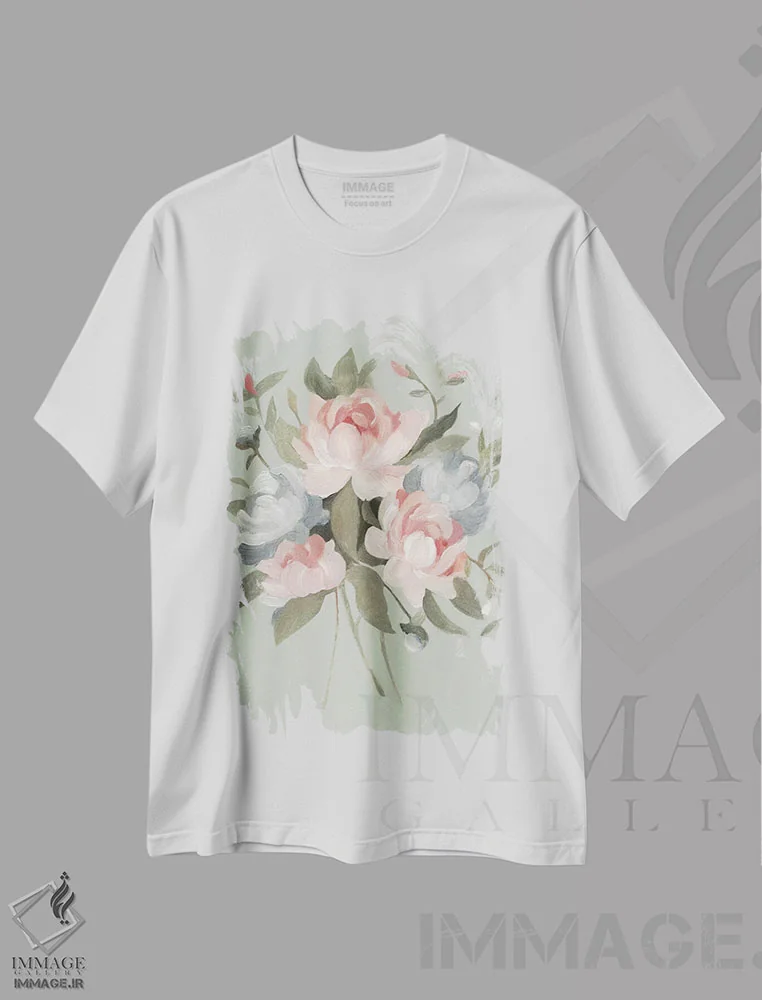 تیشرت سفید طرح دار دسته گل پاستلی ۱، تزئینی اثر اما اسکاروی | فروشگاه ایماژ