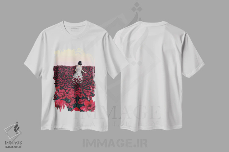 تیشرت سفید طرح دار مزرعه شقایق، هنر دیجیتال اثر الا مازور | فروشگاه ایماژ
