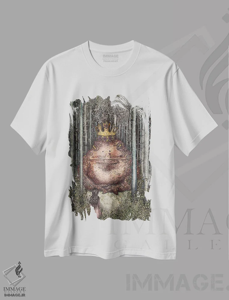 تیشرت سفید طرح دار شاه وزغ، دست نقاشی و طراحی دستی اثر الا مازور | immage.ir