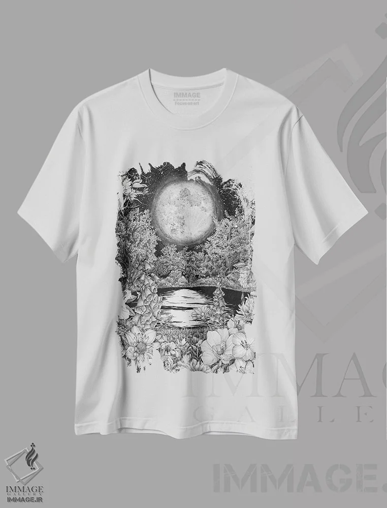 تیشرت سفید طرح دار بازتاب های باغ ماه، هنر تزئینی سیاه و سفید اثر الا مازور | فروشگاه ایماژ