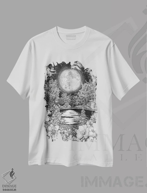 تیشرت سفید طرح دار بازتاب های باغ ماه، هنر تزئینی سیاه و سفید اثر الا مازور | فروشگاه ایماژ