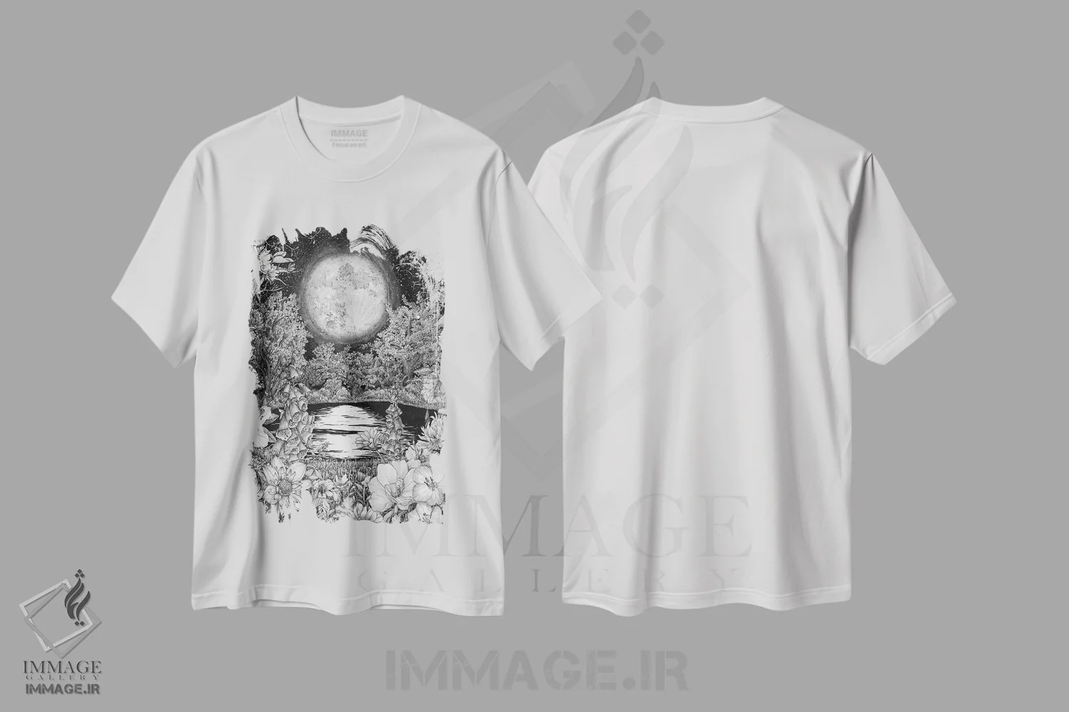 تیشرت سفید طرح دار بازتاب های باغ ماه، هنر تزئینی سیاه و سفید اثر الا مازور | فروشگاه ایماژ