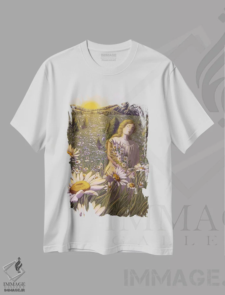 تیشرت سفید طرح دار خورشید طلوع می کند و من گل ها را جمع می آورم، دکور معاصر اثر الا مازور | فروشگاه ایماژ