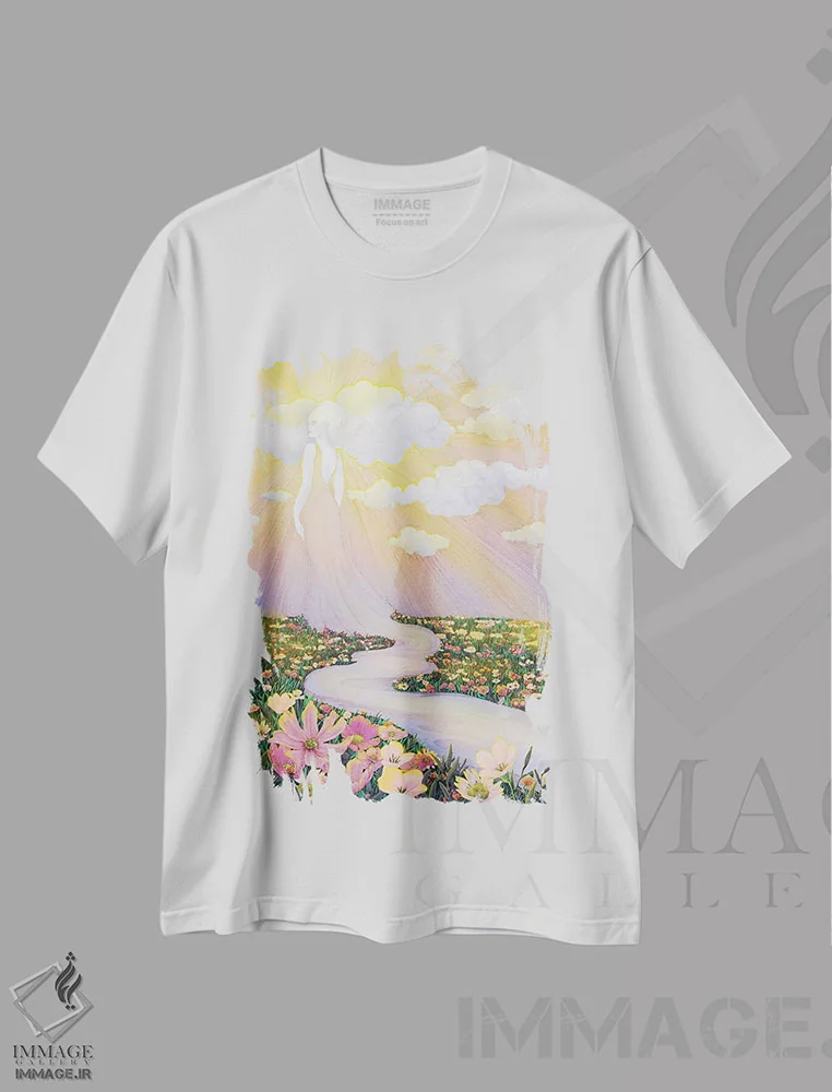 تیشرت سفید طرح دار روح سحرگاهی رودخانه و آسمان، دکور معاصر اثر الا مازور | فروشگاه ایماژ
