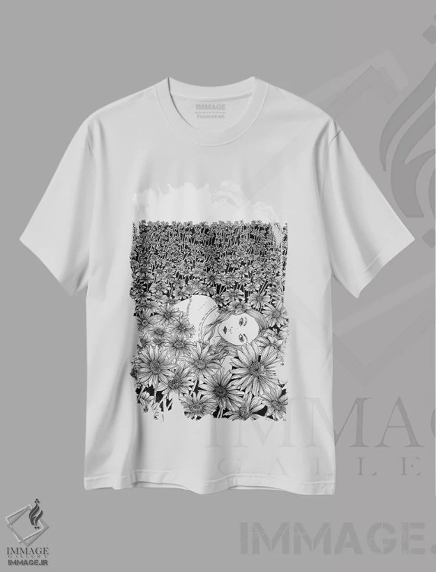 تیشرت سفید طرح دار اینجا کنار تو دراز کشیده ام، هنر تزئینی سیاه و سفید اثر الا مازور | فروشگاه ایماژ