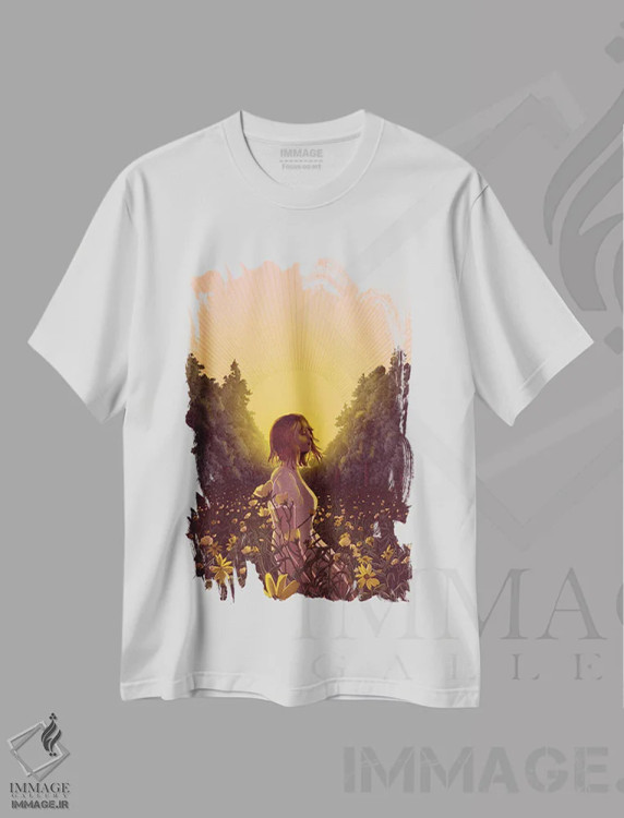 تیشرت سفید طرح دار علفزار هنگام سحر، هنر دیجیتال اثر الا مازور | فروشگاه ایماژ