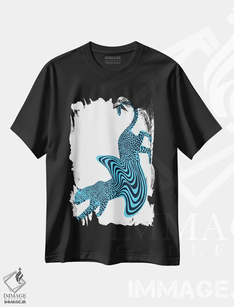 تیشرت مشکی طرح دار یوزپلنگ ذوب شده آبی، دکوراسیون جایگزین اثر الا مازور | فروشگاه ایماژ