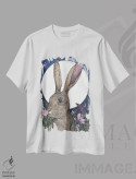 تیشرت سفید طرح دار خرگوش و ماه، دست نقاشی و طراحی دستی اثر الا مازور | فروشگاه ایماژ