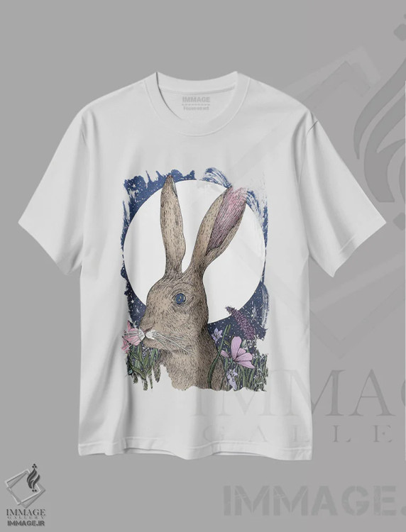 تیشرت سفید طرح دار خرگوش و ماه، دست نقاشی و طراحی دستی اثر الا مازور | فروشگاه ایماژ