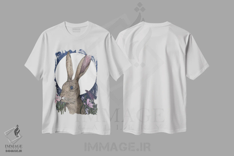 تیشرت سفید طرح دار خرگوش و ماه، دست نقاشی و طراحی دستی اثر الا مازور | فروشگاه ایماژ