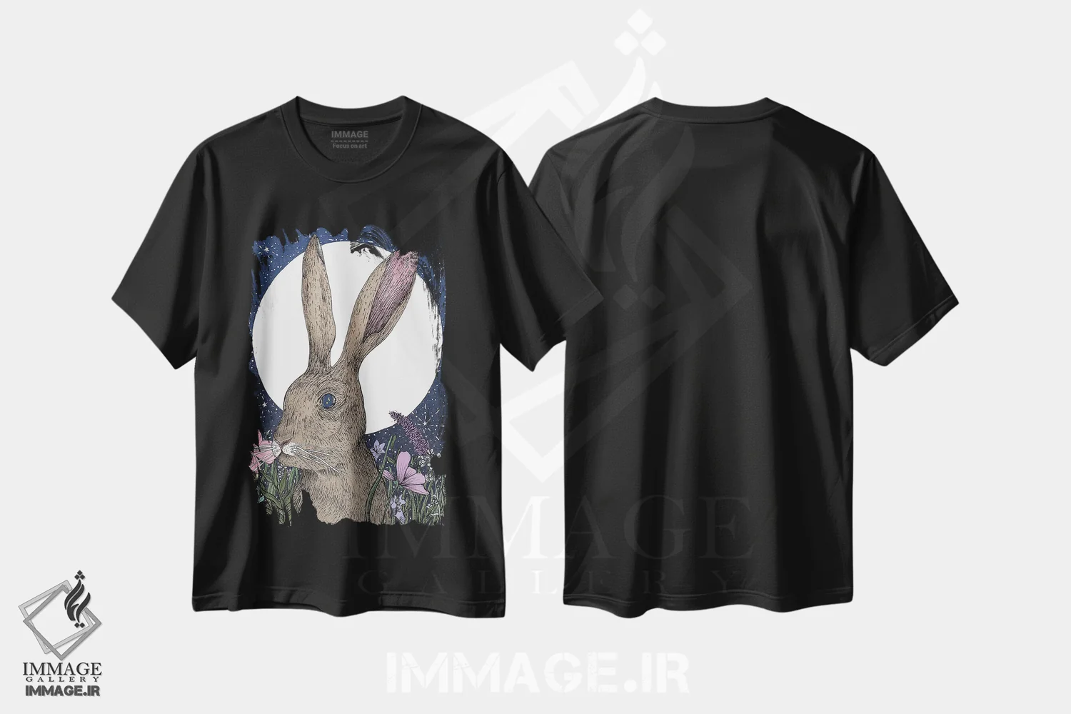 تیشرت مشکی طرح دار خرگوش و ماه، دست نقاشی و طراحی دستی اثر الا مازور | immage.ir