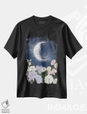 تیشرت مشکی طرح دار نور مهتاب در باغ، دست نقاشی و طراحی دستی اثر الا مازور | فروشگاه ایماژ