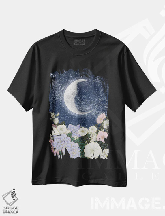 تیشرت مشکی طرح دار نور مهتاب در باغ، دست نقاشی و طراحی دستی اثر الا مازور | فروشگاه ایماژ