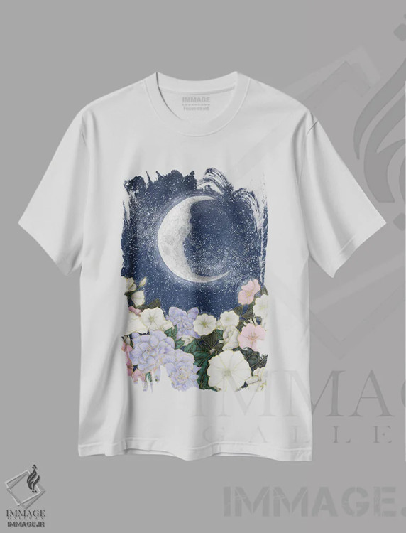 تیشرت سفید طرح دار نور مهتاب در باغ، دست نقاشی و طراحی دستی اثر الا مازور | immage.ir