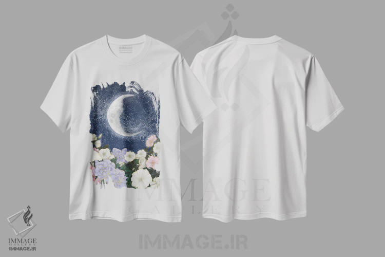 تیشرت سفید طرح دار نور مهتاب در باغ، دست نقاشی و طراحی دستی اثر الا مازور | immage.ir