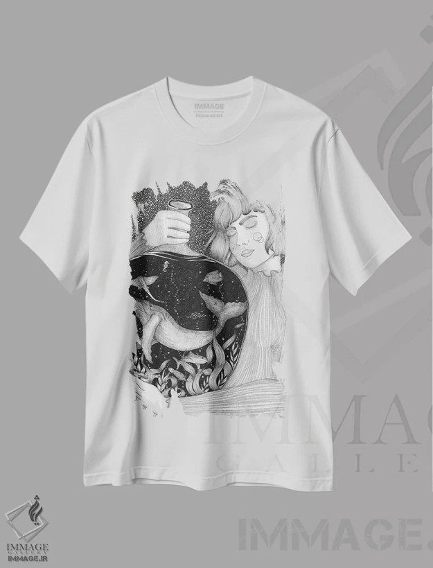 تیشرت سفید طرح دار اقیانوس قابل حمل، نقاشی و تصویرگری سیاه و سفید اثر الا مازور | فروشگاه ایماژ