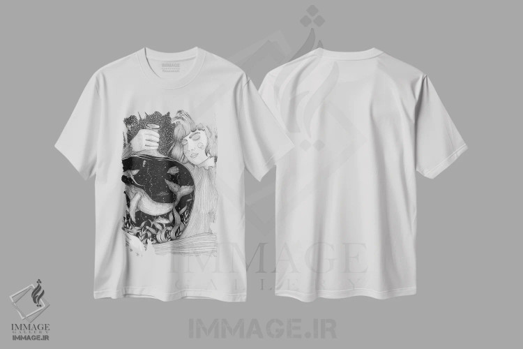 تیشرت سفید طرح دار اقیانوس قابل حمل، نقاشی و تصویرگری سیاه و سفید اثر الا مازور | فروشگاه ایماژ
