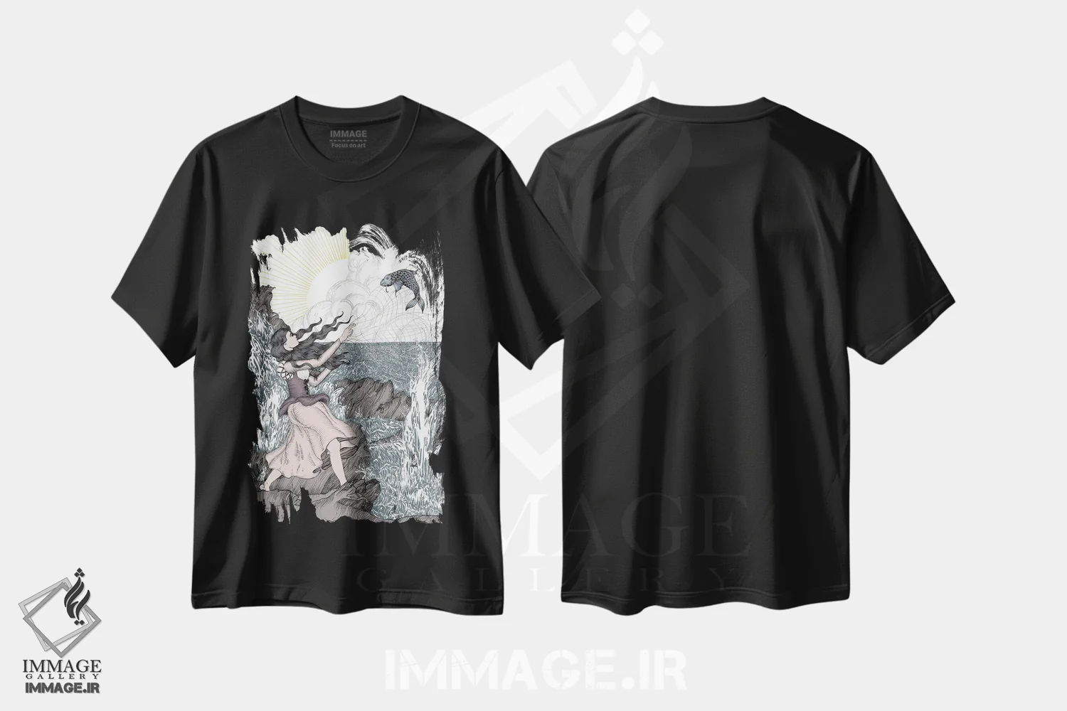 تیشرت مشکی طرح دار دختر ماهی، هنر دیجیتال اثر الا مازور | فروشگاه ایماژ
