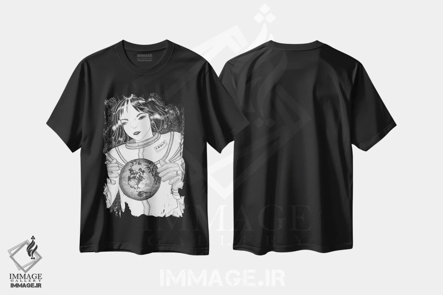 تیشرت مشکی طرح دار آفریننده، نقاشی و تصویرگری سیاه و سفید اثر الا مازور | فروشگاه ایماژ