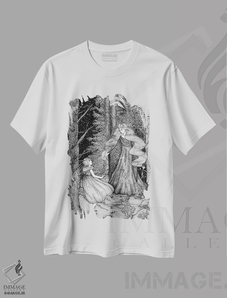 تیشرت سفید طرح دار میهمان ستاره، نقاشی و تصویرگری سیاه و سفید اثر الا مازور | فروشگاه ایماژ
