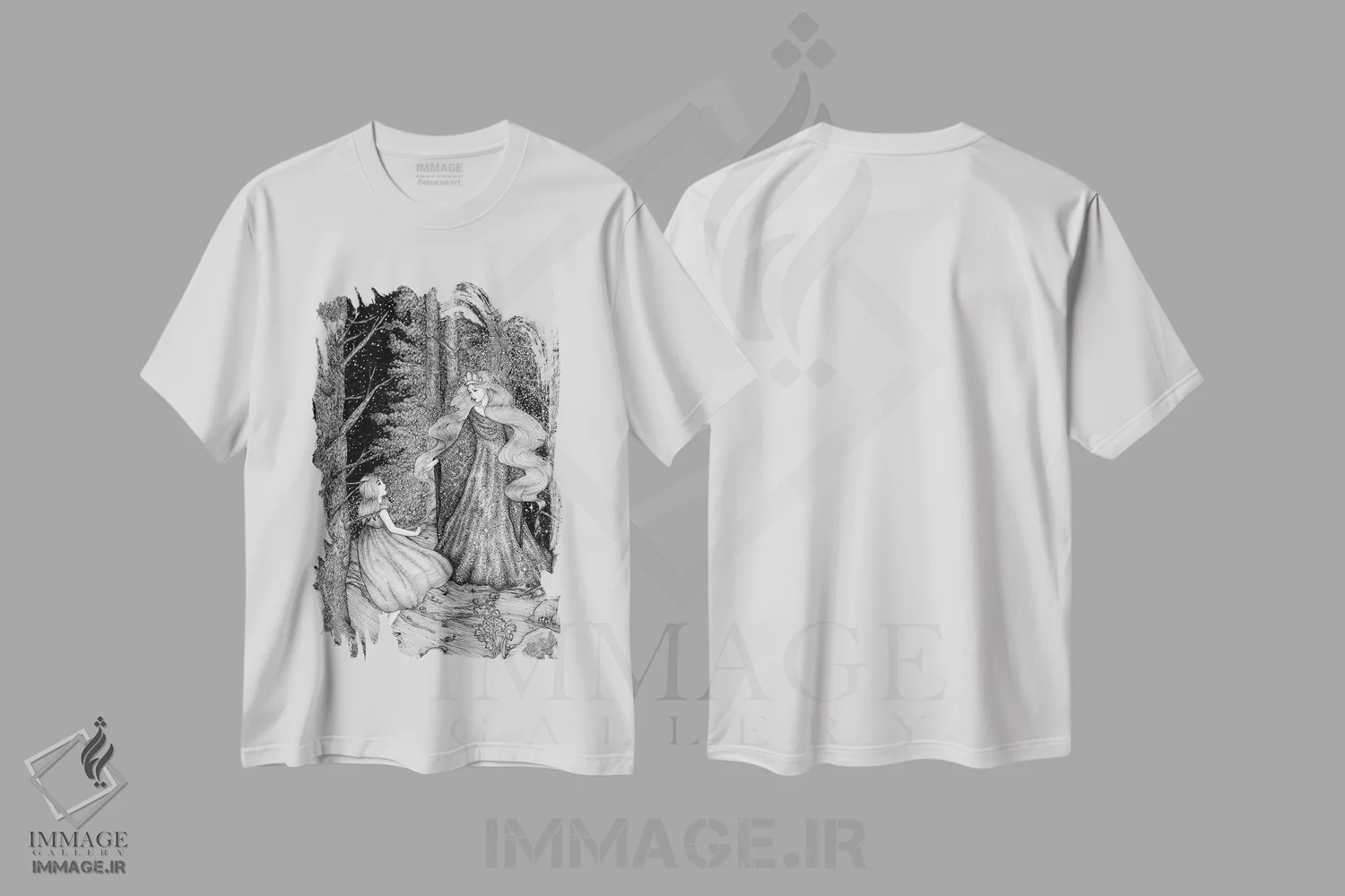 تیشرت سفید طرح دار میهمان ستاره، نقاشی و تصویرگری سیاه و سفید اثر الا مازور | فروشگاه ایماژ
