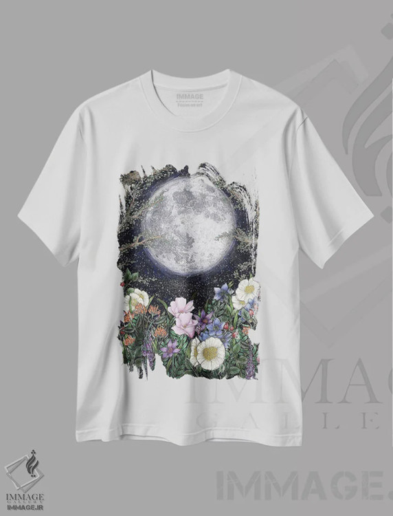 تیشرت سفید طرح دار نیمه شب در باغ، دست نقاشی و طراحی دستی اثر الا مازور | فروشگاه ایماژ