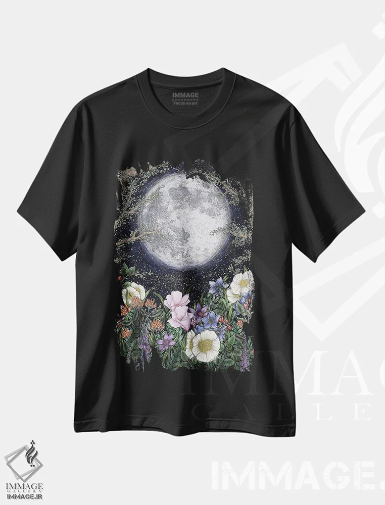 تیشرت مشکی طرح دار نیمه شب در باغ، دست نقاشی و طراحی دستی اثر الا مازور | immage.ir