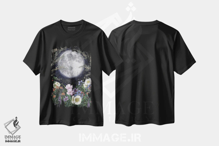 تیشرت مشکی طرح دار نیمه شب در باغ، دست نقاشی و طراحی دستی اثر الا مازور | immage.ir