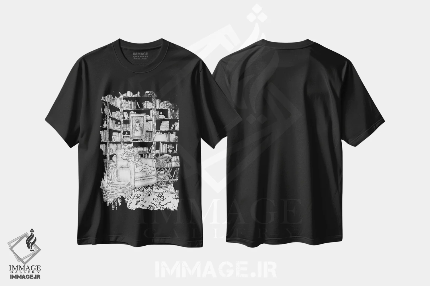 تیشرت مشکی طرح دار کتابخانه گربه، نقاشی و تصویرگری سیاه و سفید اثر الا مازور | فروشگاه ایماژ
