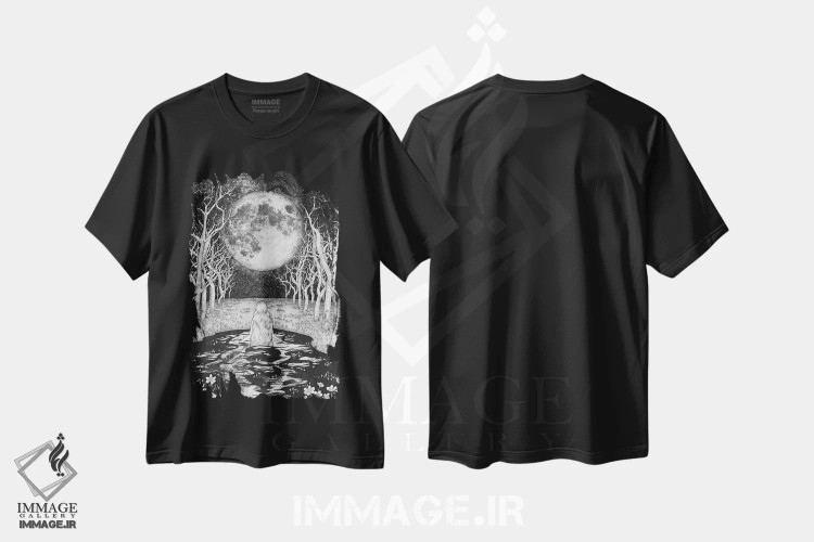 تیشرت مشکی طرح دار حمام کننده مهتاب، نقاشی و تصویرگری سیاه و سفید اثر الا مازور | immage.ir
