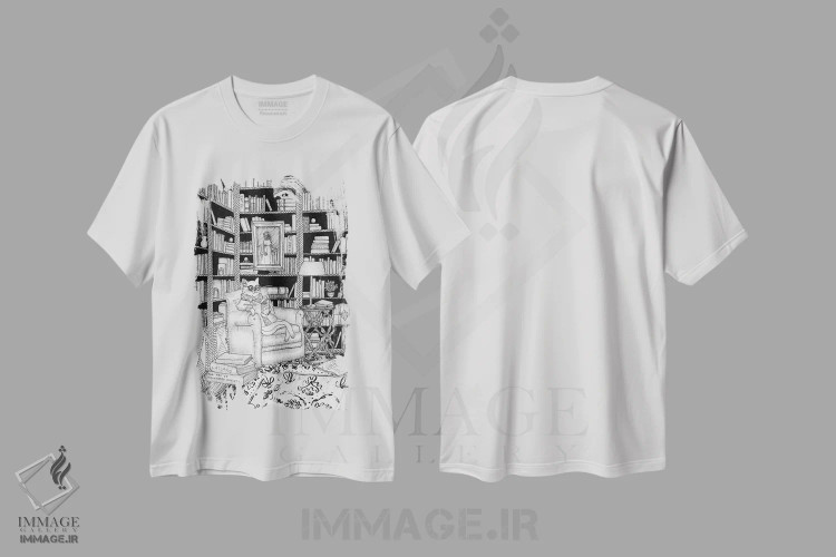 تیشرت سفید طرح دار کتابخانه گربه، نقاشی و تصویرگری سیاه و سفید اثر الا مازور | immage.ir