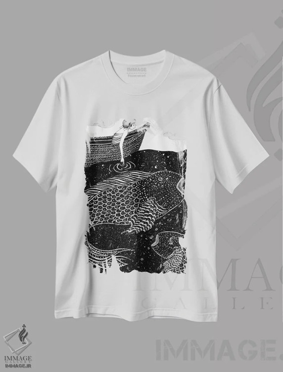تیشرت سفید طرح دار چراغ های درخشان دریا، نقاشی و تصویرگری سیاه و سفید اثر الا مازور | فروشگاه ایماژ