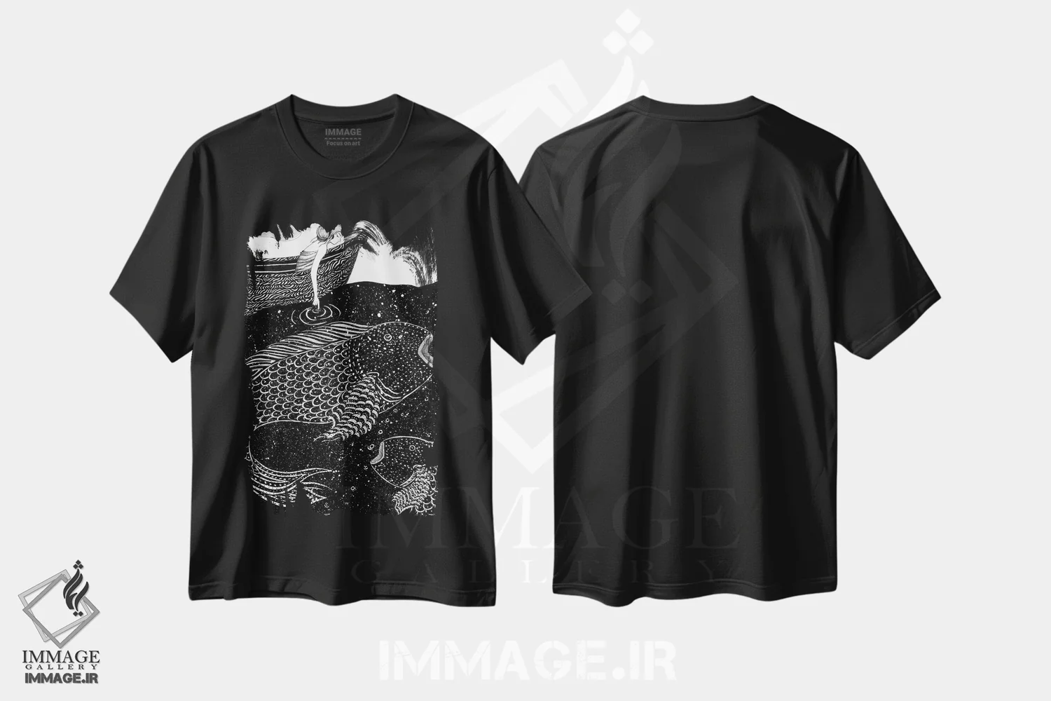 تیشرت مشکی طرح دار چراغ های درخشان دریا، نقاشی و تصویرگری سیاه و سفید اثر الا مازور | immage.ir