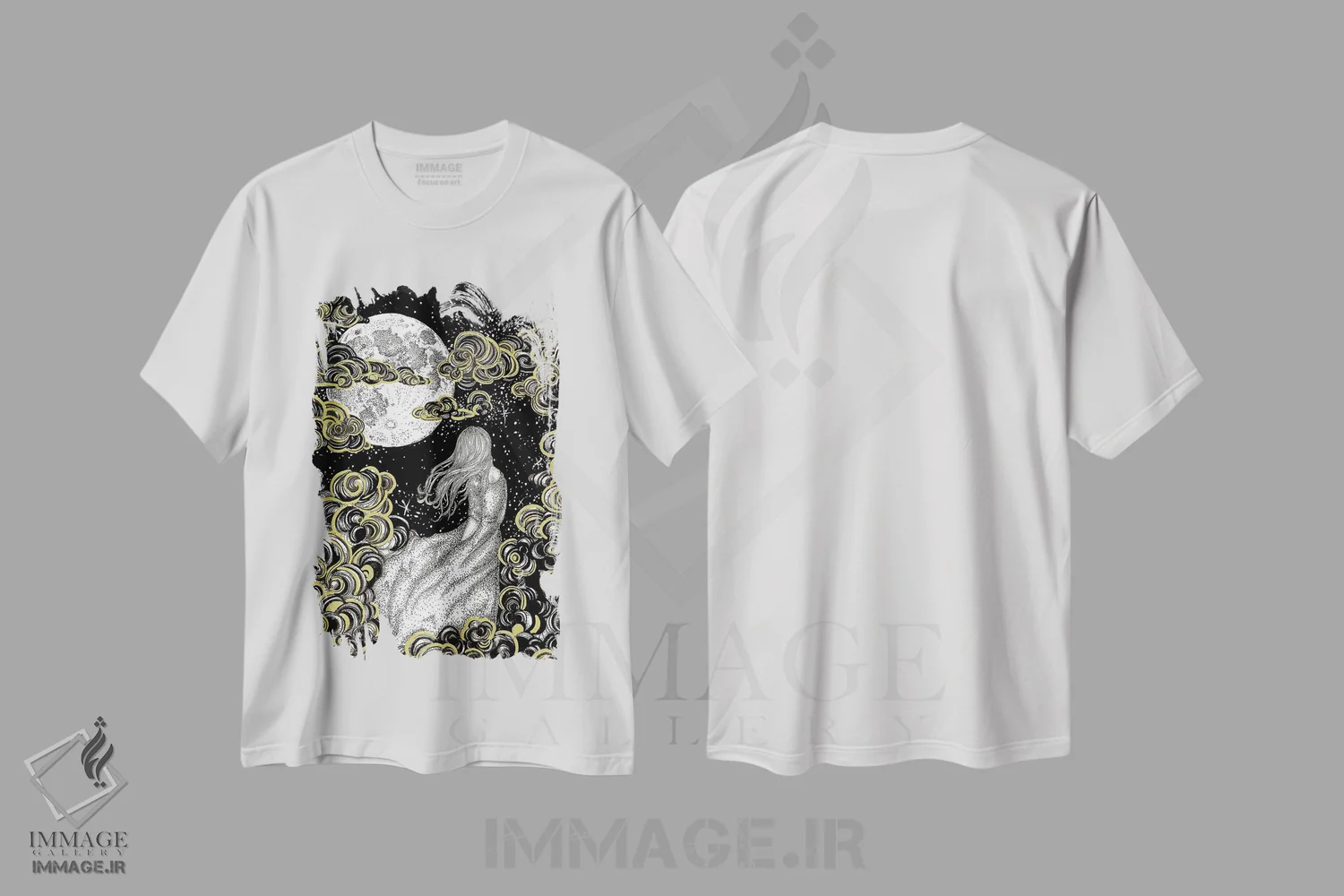 تیشرت سفید طرح دار رویای ستاره بین، دست نقاشی و طراحی دستی اثر الا مازور | immage.ir