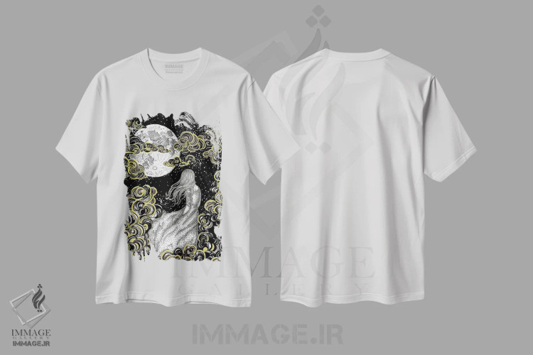 تیشرت سفید طرح دار رویای ستاره بین، دست نقاشی و طراحی دستی اثر الا مازور | immage.ir