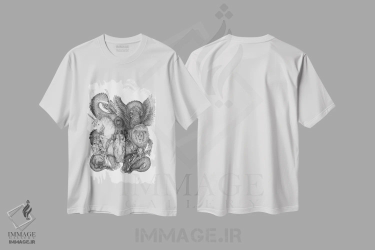 تیشرت سفید طرح دار مجموعه غیرممکن جانوران، نقاشی و تصویرگری سیاه و سفید اثر الا مازور | immage.ir