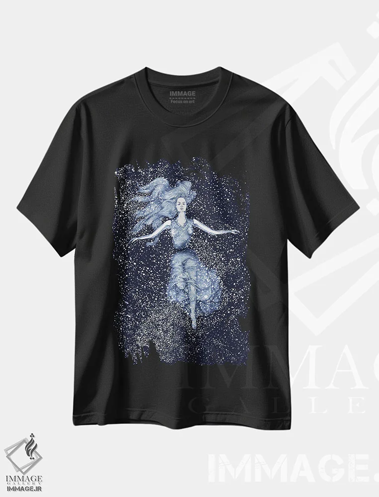 تیشرت مشکی طرح دار شناگر نور ستاره، دست نقاشی و طراحی دستی اثر الا مازور | فروشگاه ایماژ