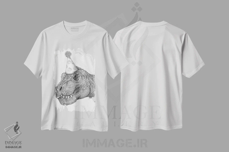 تیشرت سفید طرح دار دایناسور مهمانی، نقاشی و تصویرگری سیاه و سفید اثر الا مازور | فروشگاه ایماژ