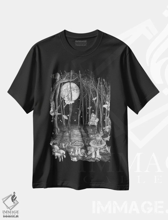تیشرت مشکی طرح دار جادوی نیمه شب، نقاشی و تصویرگری سیاه و سفید اثر الا مازور | فروشگاه ایماژ