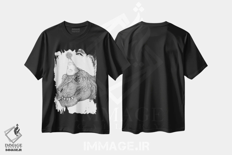 تیشرت مشکی طرح دار دایناسور مهمانی، نقاشی و تصویرگری سیاه و سفید اثر الا مازور | immage.ir