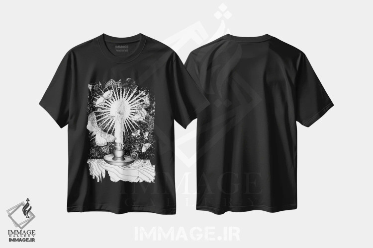 تیشرت مشکی طرح دار رقص شب پره ها، نقاشی و تصویرگری سیاه و سفید اثر الا مازور | immage.ir