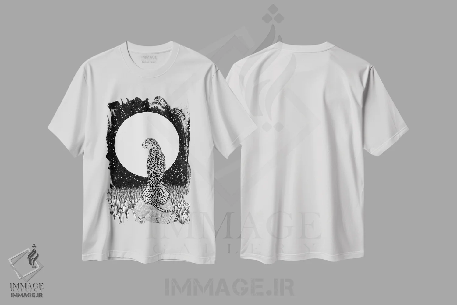 تیشرت سفید طرح دار ماه یوزپلنگ، نقاشی و تصویرگری سیاه و سفید اثر الا مازور | immage.ir