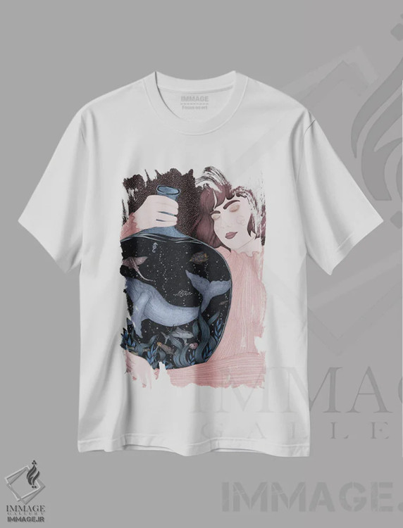 تیشرت سفید طرح دار اقیانوس قابل حمل، دست نقاشی و طراحی دستی اثر الا مازور | فروشگاه ایماژ