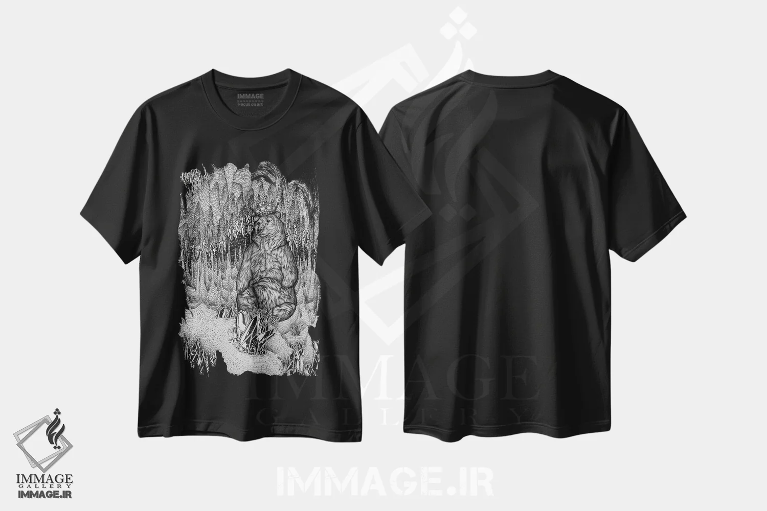 تیشرت مشکی طرح دار غار شاه خرس، نقاشی و تصویرگری سیاه و سفید اثر الا مازور | فروشگاه ایماژ