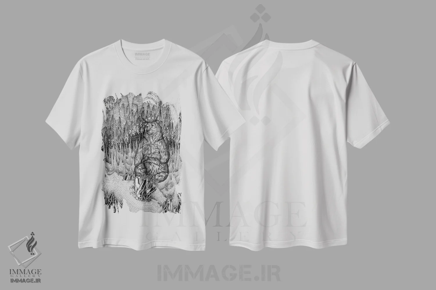 تیشرت سفید طرح دار غار شاه خرس، نقاشی و تصویرگری سیاه و سفید اثر الا مازور | immage.ir