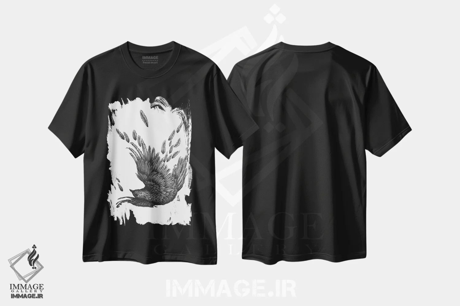 تیشرت مشکی طرح دار کلاغ رازگشوده، نقاشی و تصویرگری سیاه و سفید اثر الا مازور | فروشگاه ایماژ