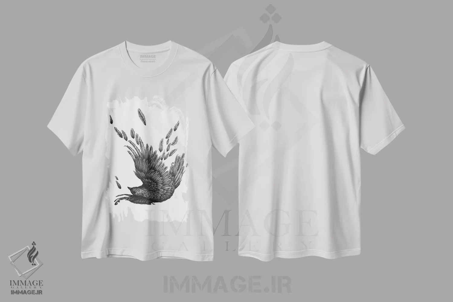 تیشرت سفید طرح دار کلاغ رازگشوده، نقاشی و تصویرگری سیاه و سفید اثر الا مازور | immage.ir