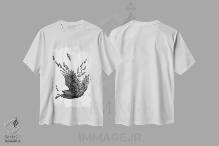 تیشرت سفید طرح دار کلاغ رازگشوده، نقاشی و تصویرگری سیاه و سفید اثر الا مازور | immage.ir